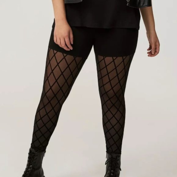 Torrid - Full Length Sheer Mesh Diamond Black Velvet Flocked Legging Tights - 2X - Picture 2 of 2